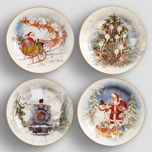 Pottery Barn Nostalgic Christmas  Winter Forest Dinner Plates  Set of 4 New